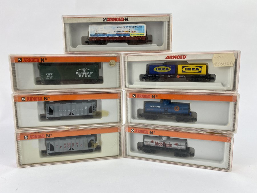 Arnold Écartement N, made western Germany, 1/160ème - Lot de 7 wagons à bogies sauf 1 à essieux  (marchandises, céréales, tanker,etc..)  Réf – 4476-2, 5345, 5303, 5302, 4957, 5393, 5394. NB