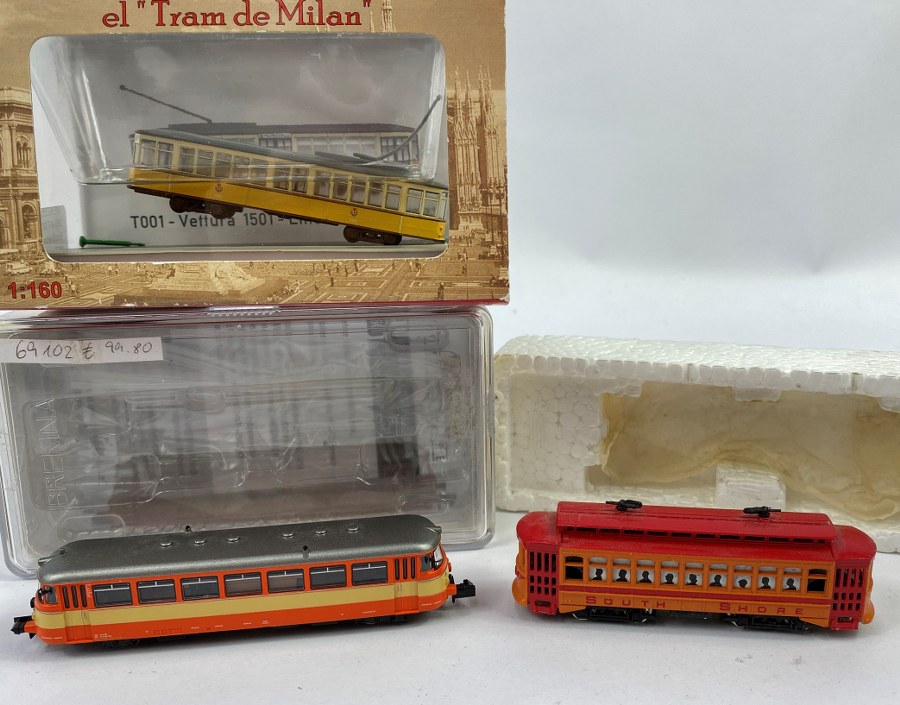 BREKINA,etc..Écartement N, 1/160ème, Lot de 3 tramway - Tramway Man VT 2.19 AKN, Brekina réf 69102 , NB - Tramway type San Francisco South Shore, métal peint TBE - tramway Milan maquette , NB