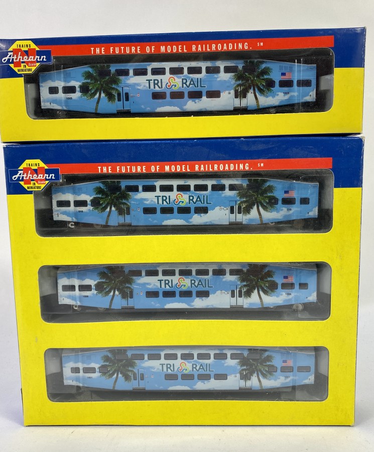 Athearn, Écartement N, USA –2 coffrets contenant une rame TRIRAIL, Bombardier Coach car 510, Bombardier control car, 630 et wagons voyageurs 1001, 1006), Réf 10165, 10145, NB