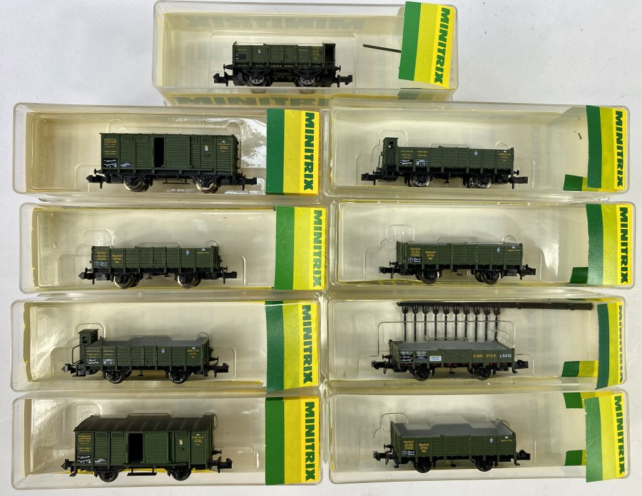 MiniTrix, Écartement N, Germany – Lot de 9 wagons de transports de fret, divers modèles, Réf 13237, 13236, 13240, 13235, 13243, 3202, 3534, NB