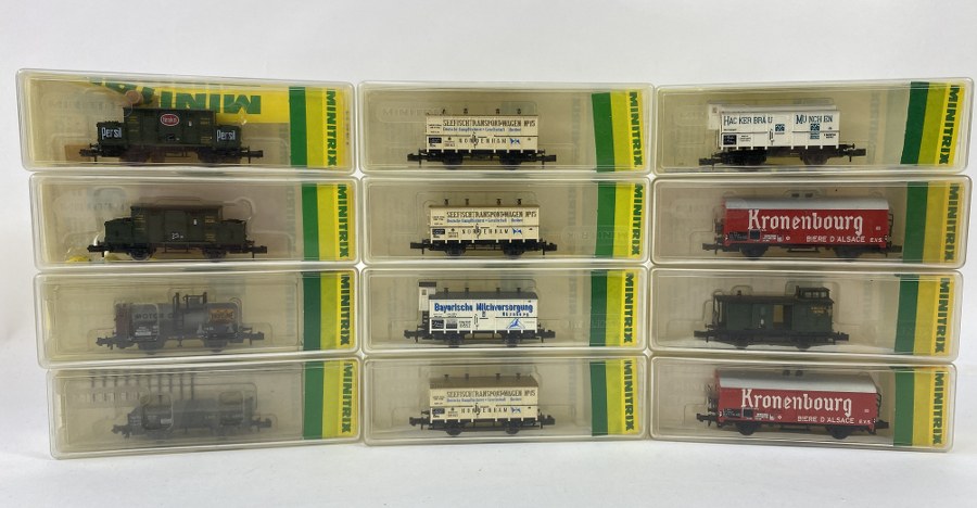 MiniTrix, Écartement N, Germany – Lot de 12 wagons de transports de fret, Fourgon Kronenbourg, Tanker, etc.. Réf 13218, 13212, 13222, 13221, 13611, 3594, 3202, 3200, 3594, NB