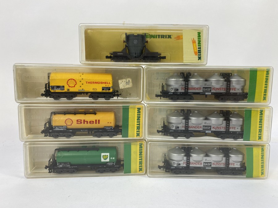 MiniTrix, Écartement N, Germany – Lot de 7 wagons tankers (Shell, BP, BASF, etc...), Réf 3551, 3554, 3591, 18071, 13586 x 3, NB