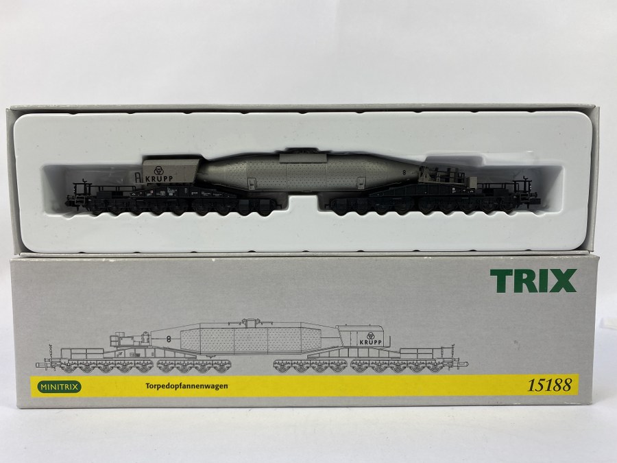 Trix, Écartement N, Germany –wagon transport de Torpille, Krupp, Réf 15188, NB