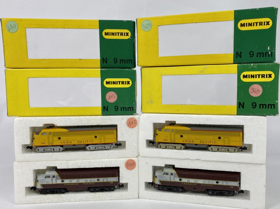 MiniTrix Écartement N, Germany – Lot de 2 locomotives et de 2 Dummy, modèle EMD F7A Canadian Pacific Railroad et Union Pacific Railroad, Réf 51 2903 00, 51 2961 00, NB