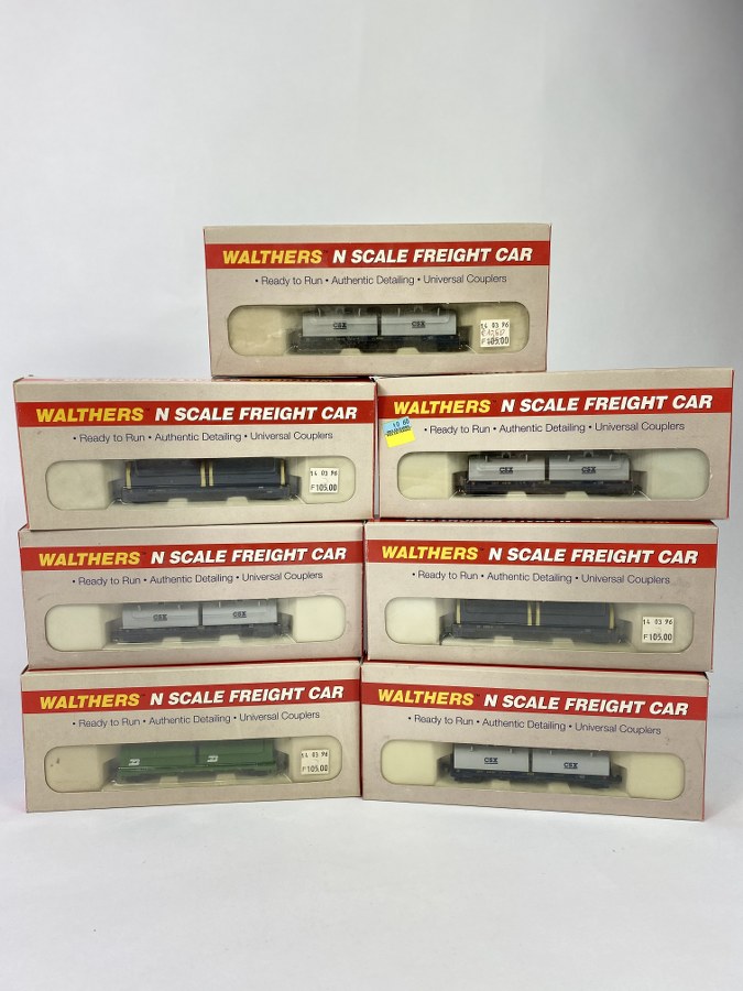 WALTHERS - N – Lot de 7 wagons transport de bobines pour les compagnies (Union Pacific, Santa-Fe, Burlington Northern, CSXT), Réf 932-8251 x 4, 932-8252, 932-8253, 932-8254, NB