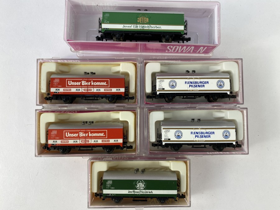 SOWA Écartement N, Lot de 6 wagons marchandises (Jever, ASTRA, Flensburger), Réf 1202, 1202K, 1201 x 2, 1208 x 2, NB 