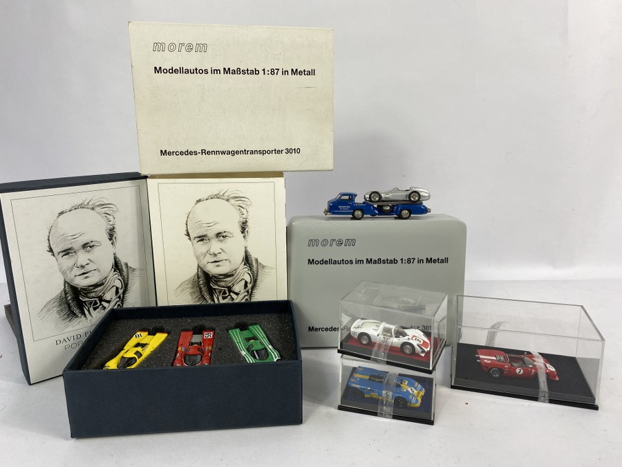  High Tech Modell, 1/87ème,– 3 voitures de courses 24H du mans ( Porsche, Matra, Ferrari), Brekina – Coffret contenant 3 Porsche 917K NB, MOREM – Coffret contenant une camion transporteur avec sa  Mercedes W196. TBE juste à nettoyer (mousse coffret se décompose),