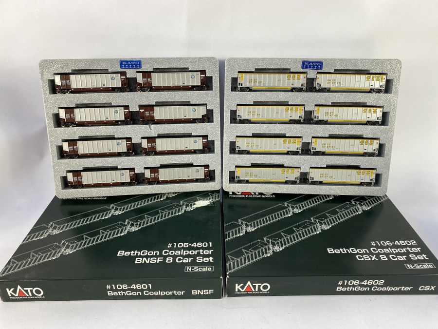 KATO – Écartement N – 2 coffrets contenant chacun 8 wagons de transports de marchandises, Bethgon Coalporter l’un pour la compagnie CSX et l’autre pour la BNSF. Réf – 106-4601, 106-4602, NB
