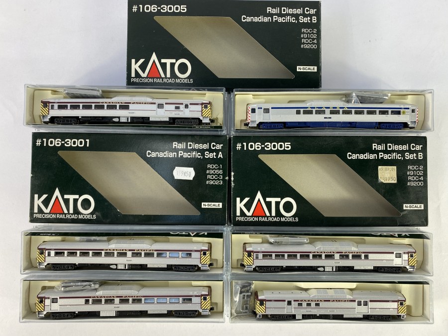 KATO – Écartement N – 3 coffrets pour la Canadian Pacific contenant : SET A – RDC-1 9056 (Restaurant) , RDC-3 9023  (Restaurant) ; SET B – RDC-2  9102 (Restaurant), RDC-4 9200 (restaurant/poste) ; SET B (incomplet) – RDC-4 9200 (restaurant/poste), on y joint un wagon ALASKA 711, Réf – 106-3001, 106-3005 x 2, NB