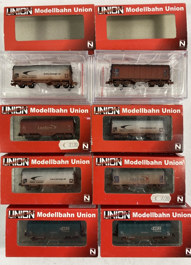 Modellbahn Union, Écartement N, 1/160ème, Lot de 8 wagons marchandises à bogies. NB