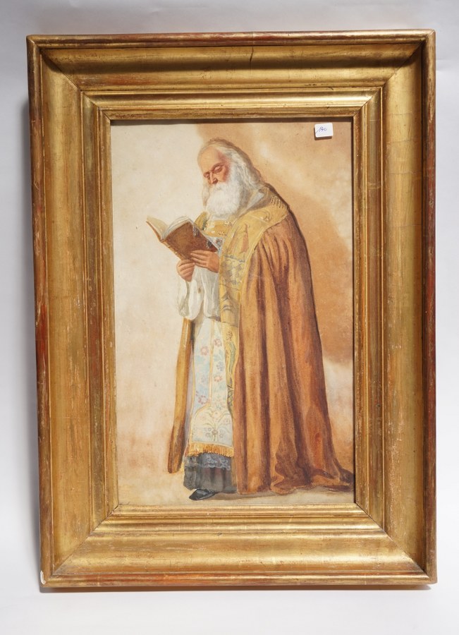 E. LEROY (XIXe -XXe). Saint lisant signé en bas à gauche. Encadrement doré. 68,5 x 49 cm.