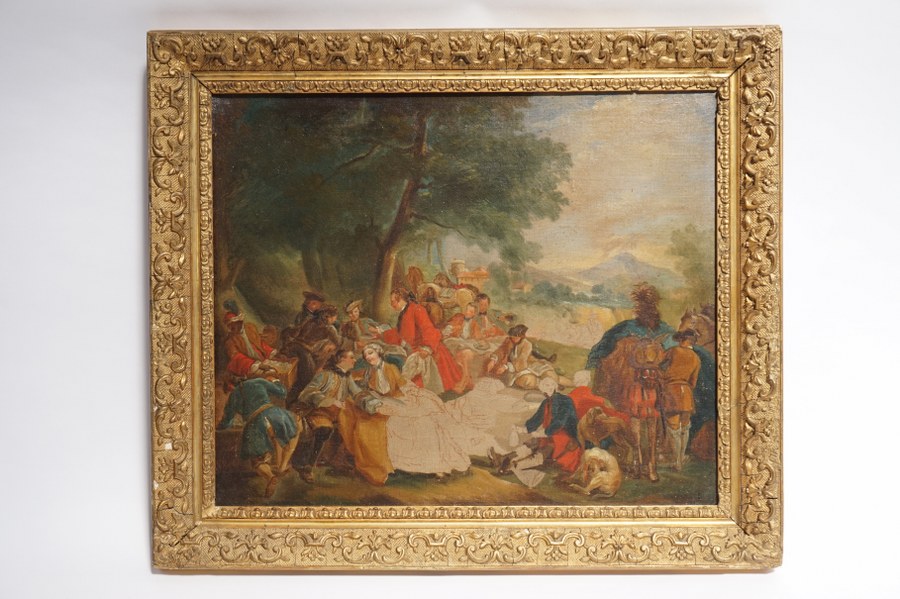 Carle VAN LOO (1705-1765), d'après. Étude d'après le Repas de chasse de Carl VAN LOO de 1737. Huile sur toile. Académie du XIXe. Encadrement doré. Toile : 37,5 x 45,5 cm. Cadre : 47 x 55 cm.