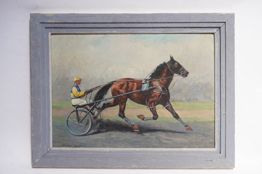 BAUER S. TERRAL (XXe). Ottavio en trot attelé. Huile sur panneau. Seconde moitié du XXe siècle. Panneau : 35 x 49 cm. Encadré.