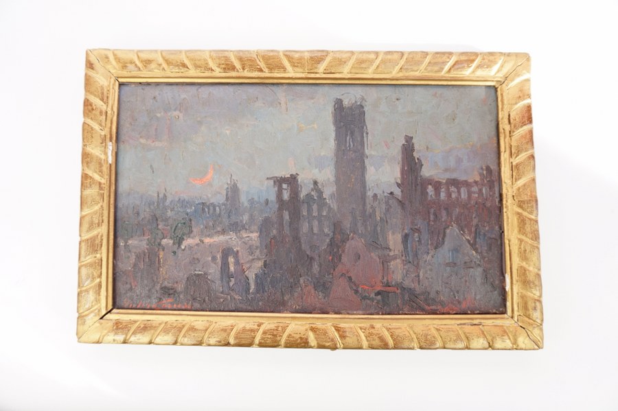 Pieter GORUS (1881-1941). Vue des ruines de Termonde (Dendermonde). Huile sur toile Début du XXe siècle. 24 x 40 cm.