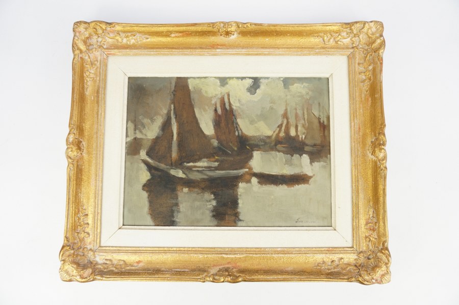 Frédéric DE SMET (1876-1948). La barque hollandaise. Huile sur panneau. Années 1940. 32,5 x 42 cm. Acquise par la famille directement auprès de l'artiste.