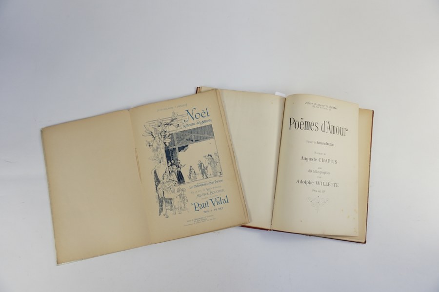 Lot de partitions composé de : Paul VIDAL. Noël, le Mystère de la Nativité. S.D. et Auguste CHAPUIS. Poëmes d'Amour. Ill. d'après Adolphes WILLETTE. 1895. Rousseurs.