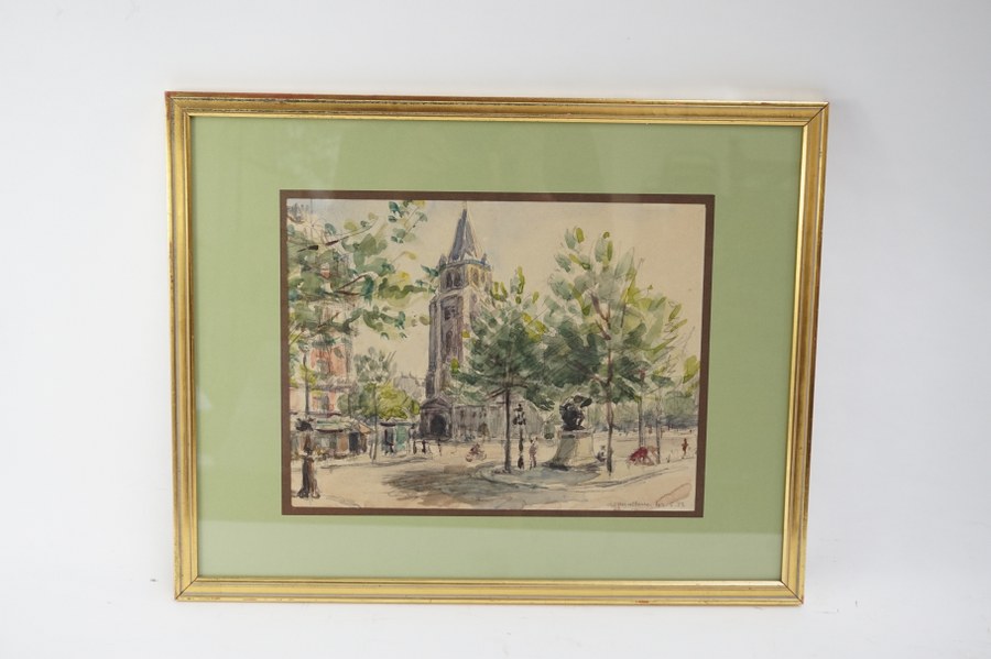 André MALTERRE (1889-1975). Vue de Saint-Germain des Prés. Aquarelle encadrée signée et datée 42.5.22 au crayon en bas à droite. Cadre : 38 x 48 cm.