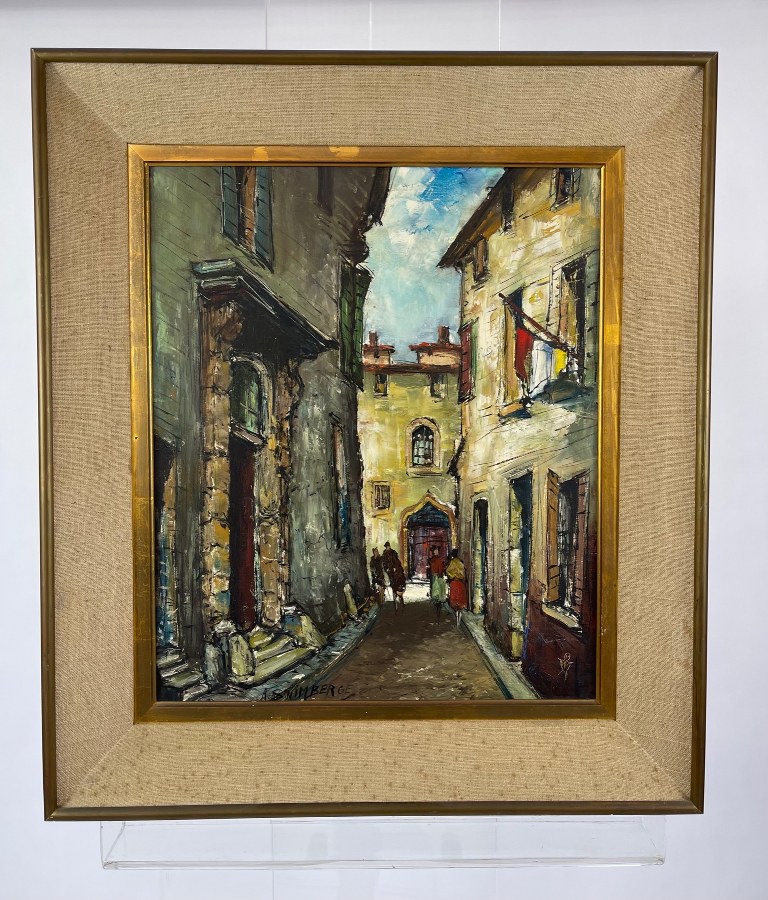 André SWIMBERGE (XX). Vieille rue Saint-Paul-de-Vence. Huile sur toile signée en bas à droite. Années 1960-1970. Cadre : 73 x 63 cm.