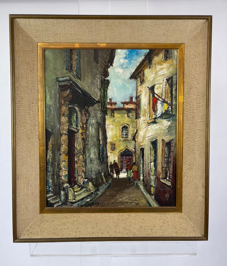 André SWIMBERGE (XX). Vieille rue Saint-Paul-de-Vence. Huile sur toile signée en bas à droite. Années 1960-1970. Cadre : 73 x 63 cm.