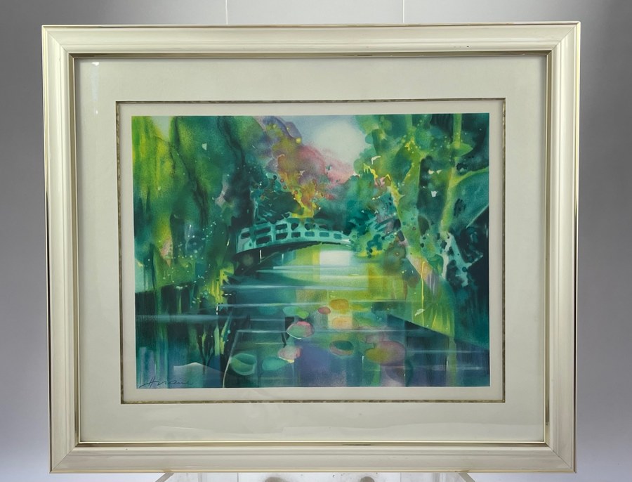 Camille HILAIRE (1916-2004). La rivière. Pont en vert. Lithographie en couleur signée dans la planche. Datée au dos 91. Fin du XXe siècle. 61 x 72 cm.