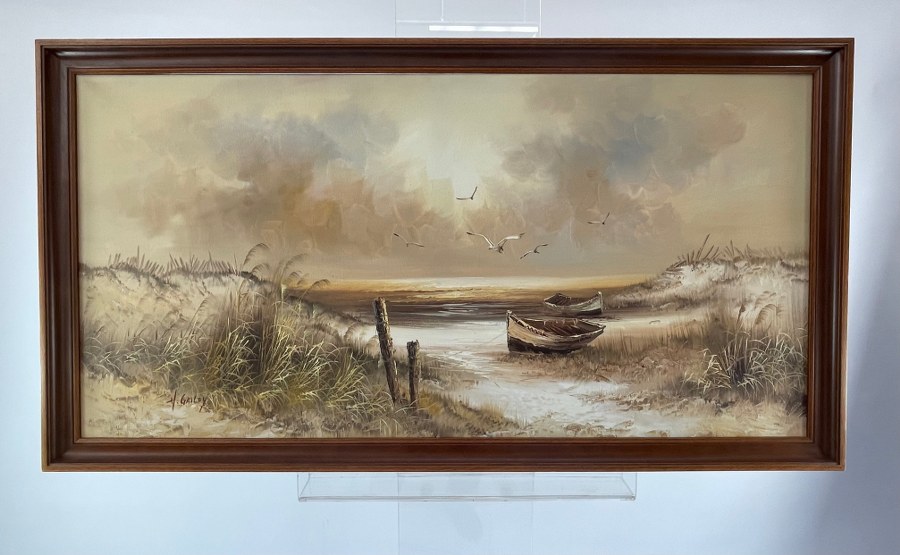 H. GAILEY (XXe). La grève avec barques. Huile sur toile. XXe siècle. 69 x 128 cm.