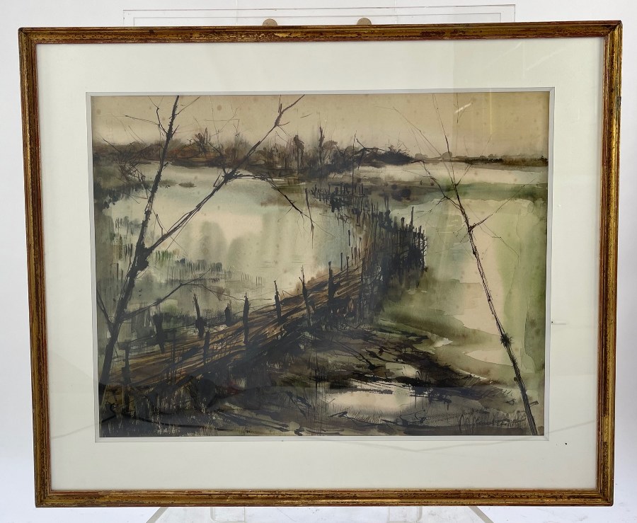 Pierre LETELLIER (1928-2000). Aquarelle, vue de marais. XXe siècle.  Cadre : 67 x 82 cm.