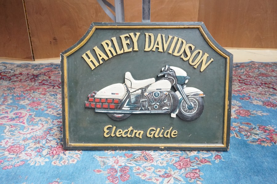 Lot de 5 panneaux décoratifs dont Harley Davidson, horloge, golf, Banitas…