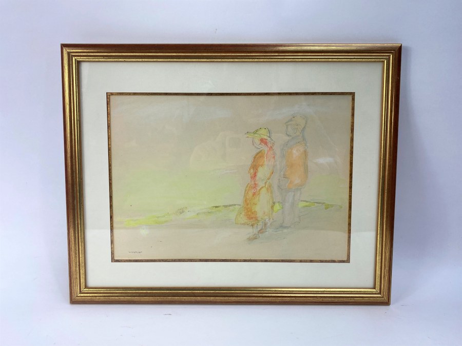 Maurice LOUVRIER (1878-1954). Couple sur la grève. Aquarelle et crayon de couleur sur papier. Cadre : 41 x 32,5 cm.