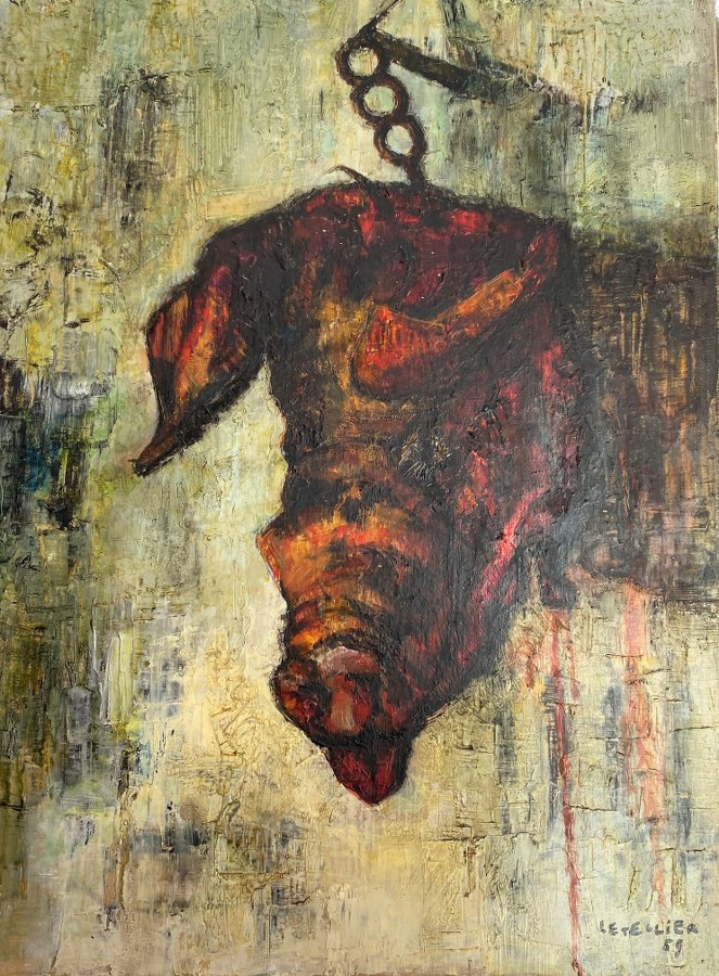 Pierre LETELLIER (1928-2000). Nature-morte à la tête de cochon. Huile sur toile signé Pierre Letellier. XXe siècle. 61 x 46 cm.