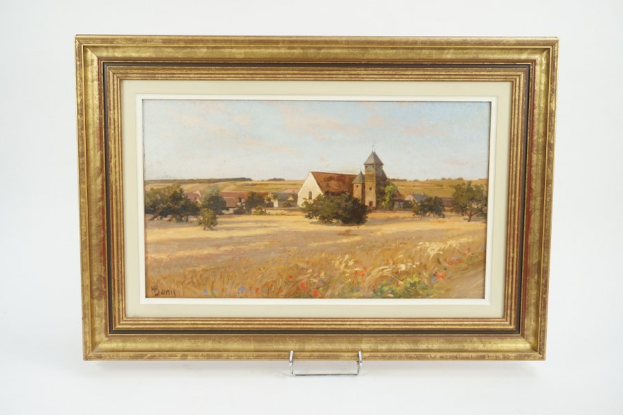 Henri BONIS (1868-1921). Vue de village depuis les champs. Huile sur toile. Fin du XIXe - Début du XXe siècle. Cadre : 41 x 60 cm.