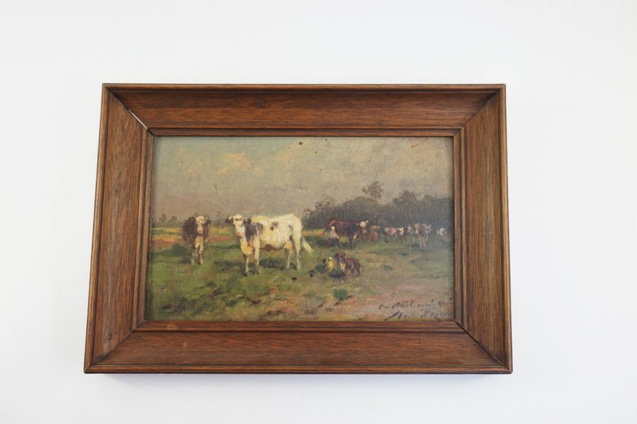 Aymar Alexandre PEZANT (1846-1916). Vaches aux pré avec un chien signée en bas à droite. Fin du XIXe siècle. Environ 15 x 23,5 cm.