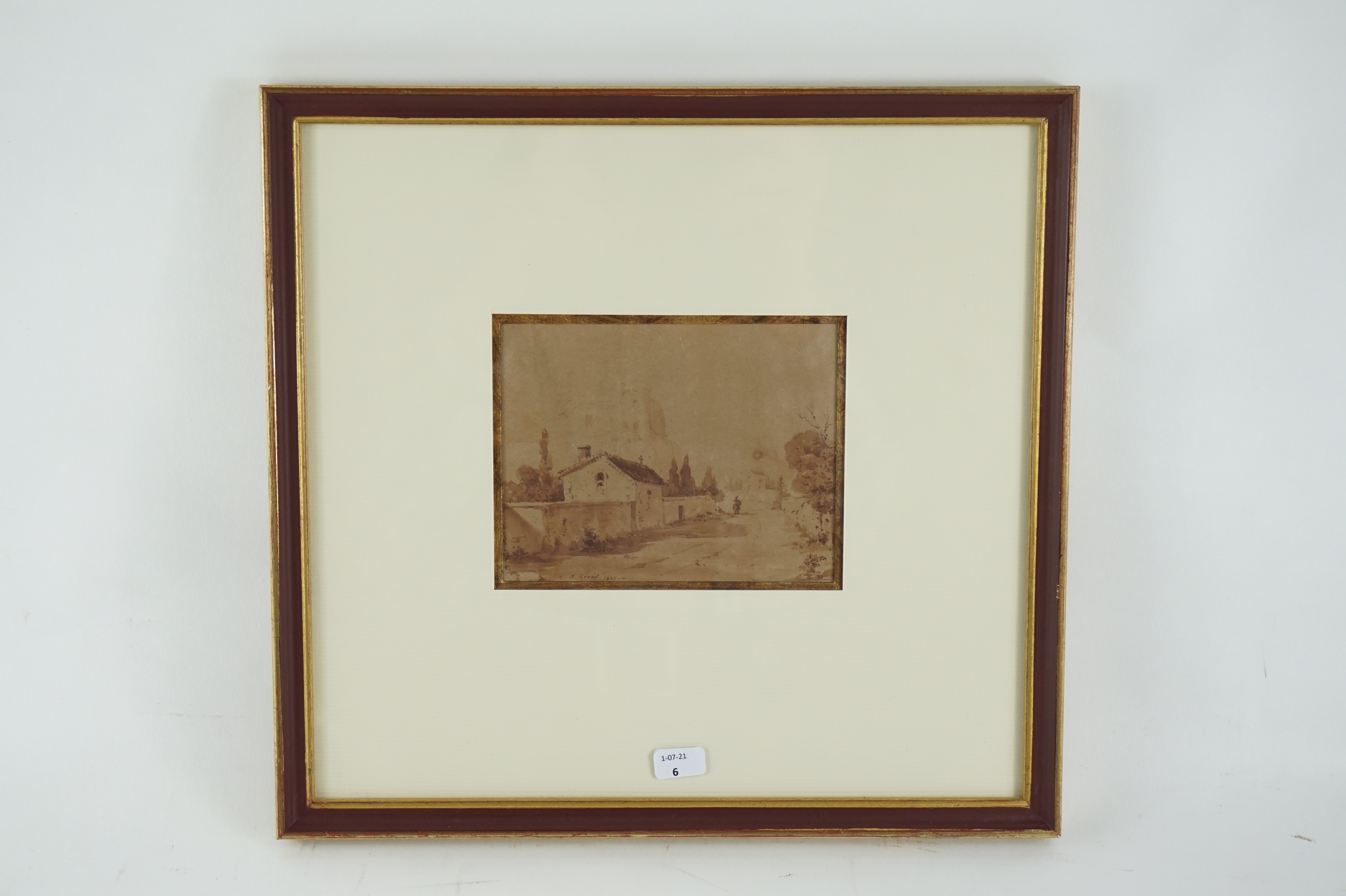 H. RÉVOIL (XIXe). Paysage de village avec vue de fort. Lavis d'encre sur papier portant une signature H. RÉVOIL et daté 1849. Vue : 9 x 11,5 cm. Cadre : 25,8 x 27 cm.